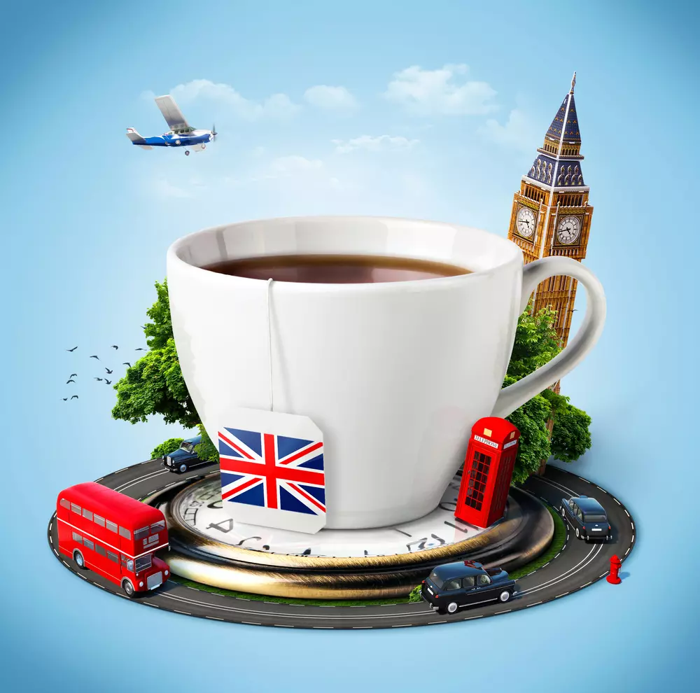 Image des symboles de l'Angleterre : thé, big ben, bus rouge... cours particulier Tea time. Cours pour les particuliers Vend'études.